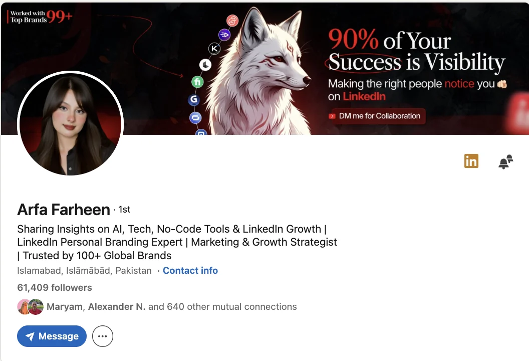 Arfa Farheen LinkedIn profile, 61,409 followers