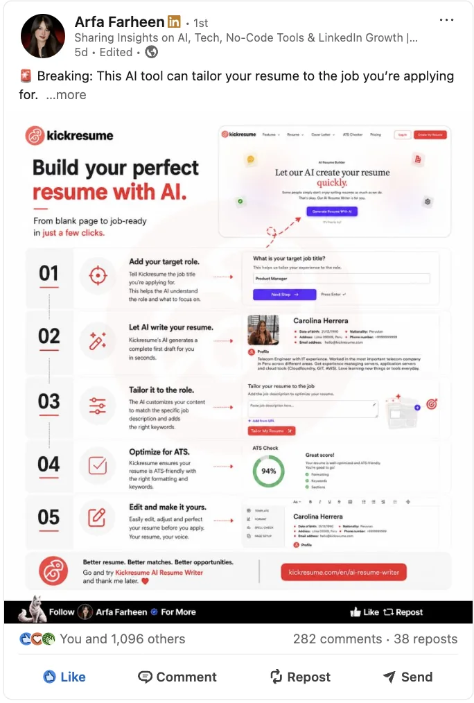 Sponsored LinkedIn post for Kickresume