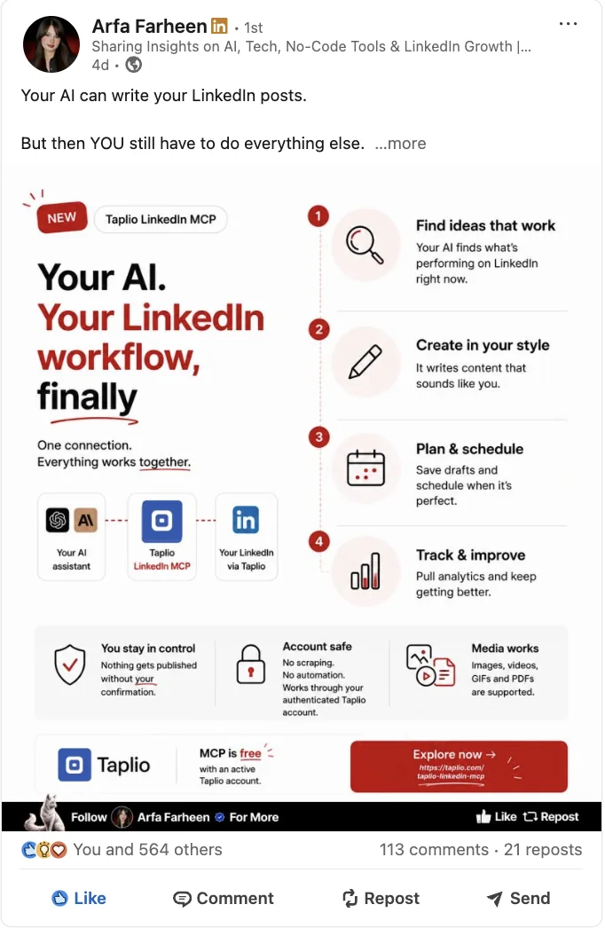Sponsored LinkedIn post for Taplio