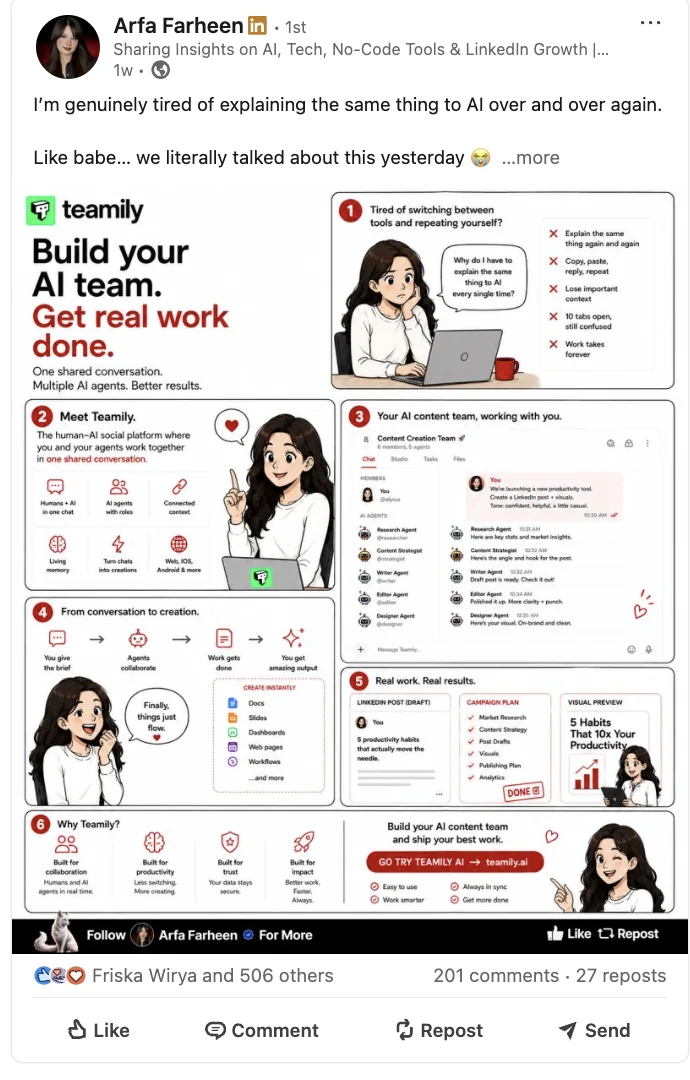 Sponsored LinkedIn post for Teamily